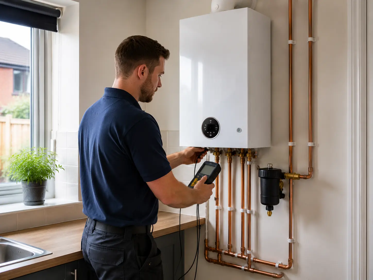 Gas engineer testing a boiler with a handheld analyser