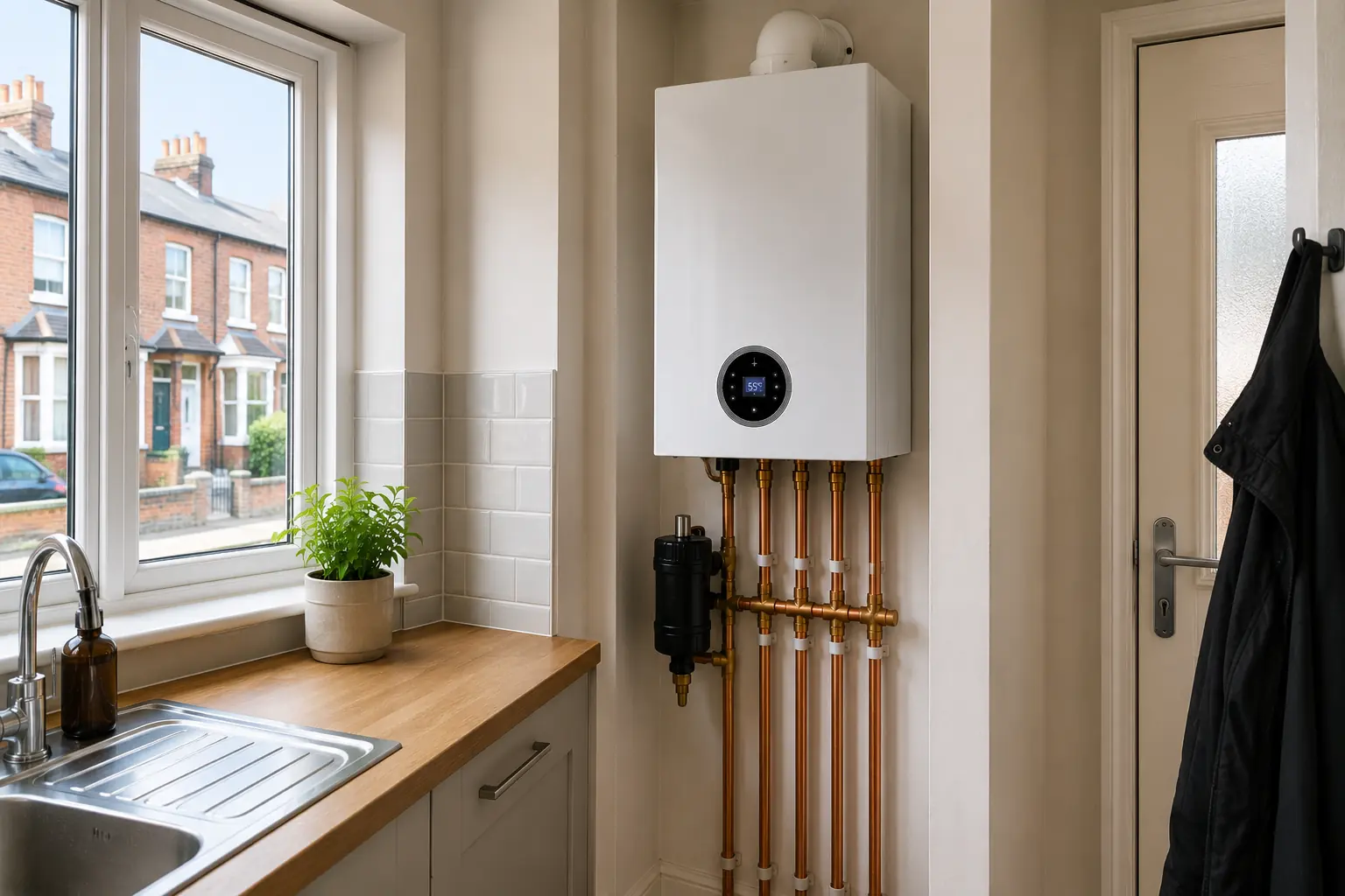 Wall-mounted boiler with copper pipework beside a kitchen sink