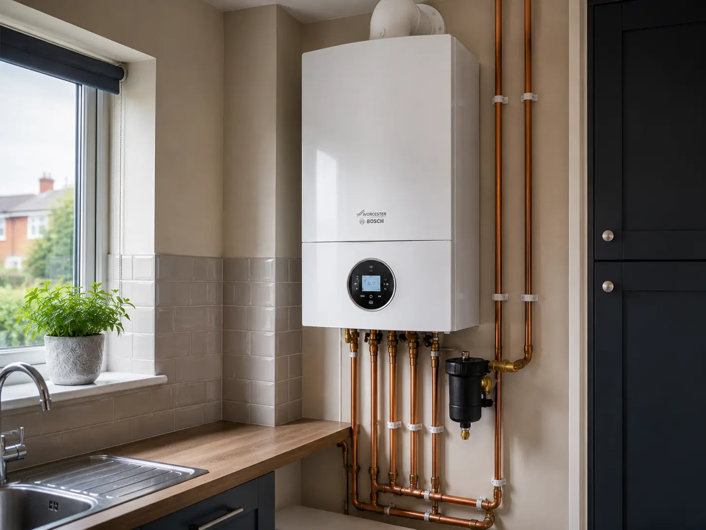 Wall-mounted boiler with copper pipework in a bright kitchen