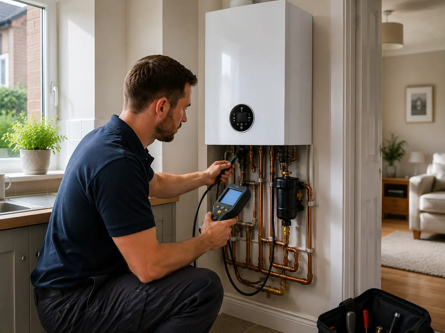 Gas engineer testing a boiler with a digital meter