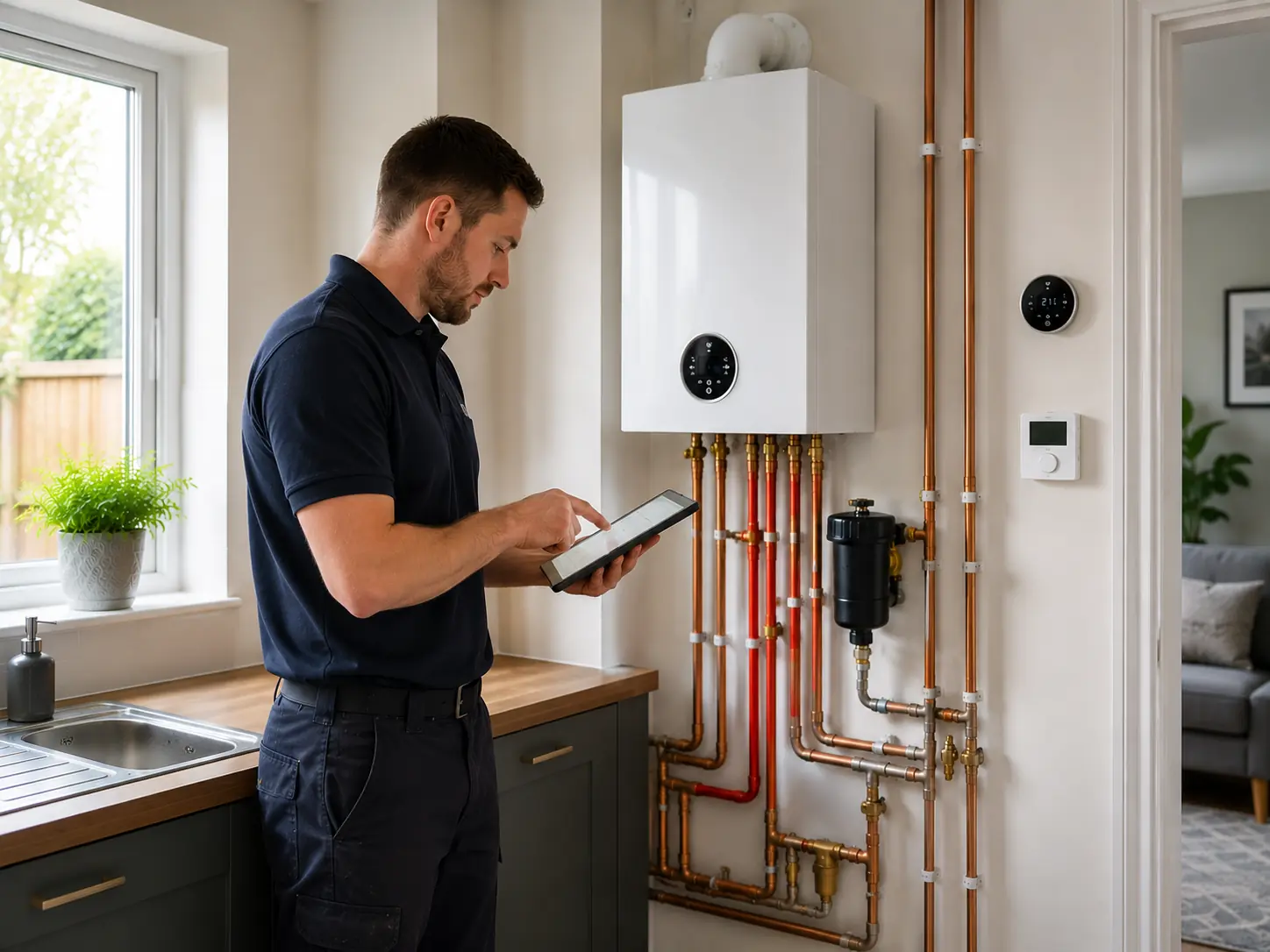 Gas engineer checking boiler details on a tablet