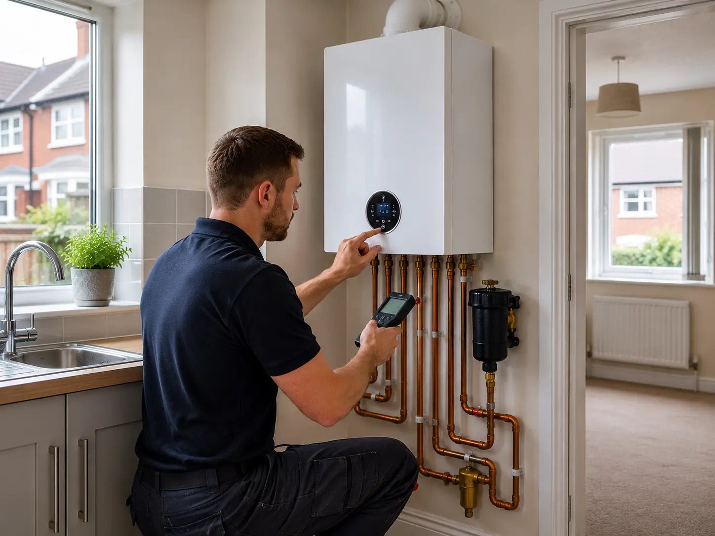 Gas engineer testing a boiler with a handheld analyser