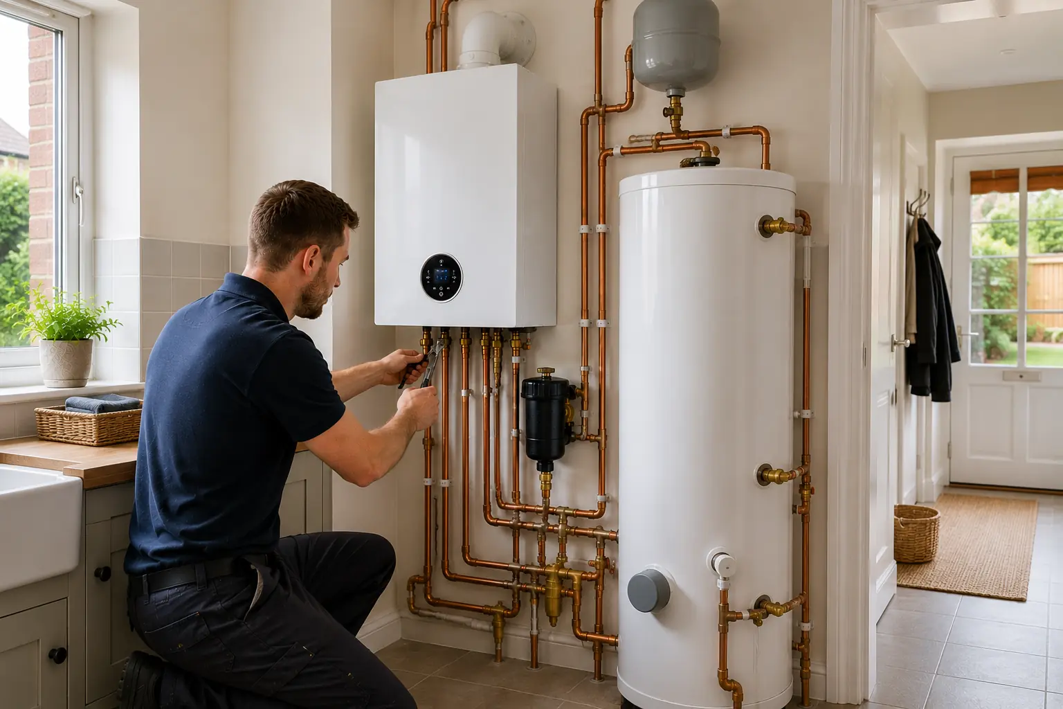 Gas engineer working on a boiler beside a hot water cylinder