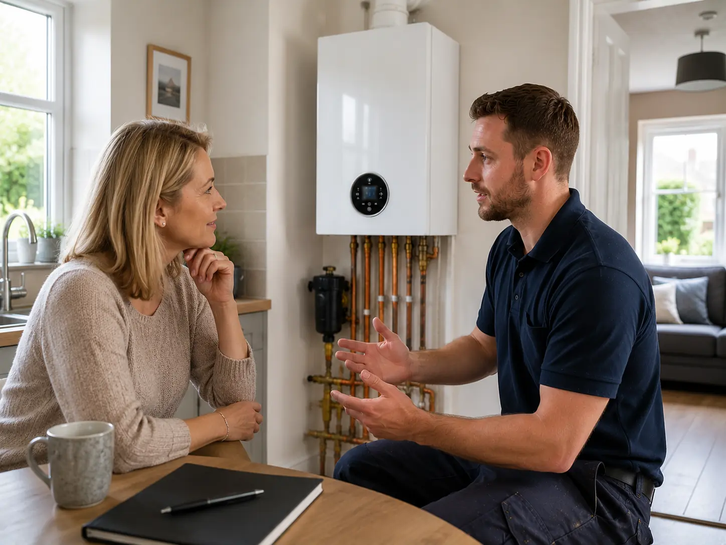 Gas engineer explaining boiler options to a customer at a table