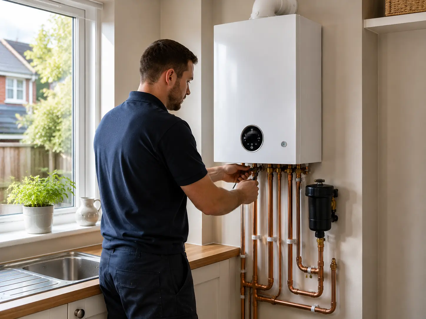 Gas engineer working on boiler pipework above a kitchen worktop