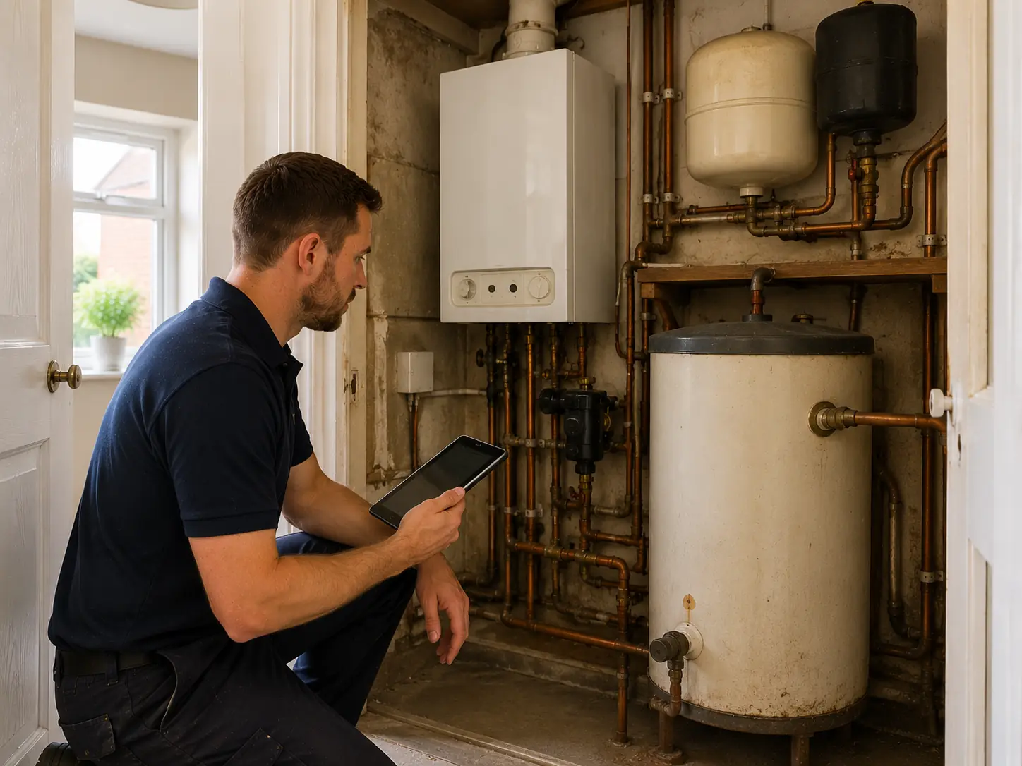Gas engineer inspecting an older boiler and hot water cylinder