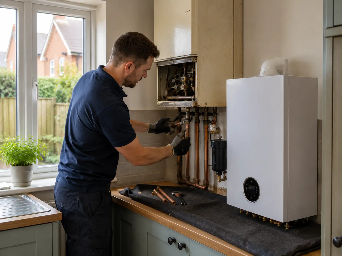 Gas engineer working on boiler pipework with tools laid out