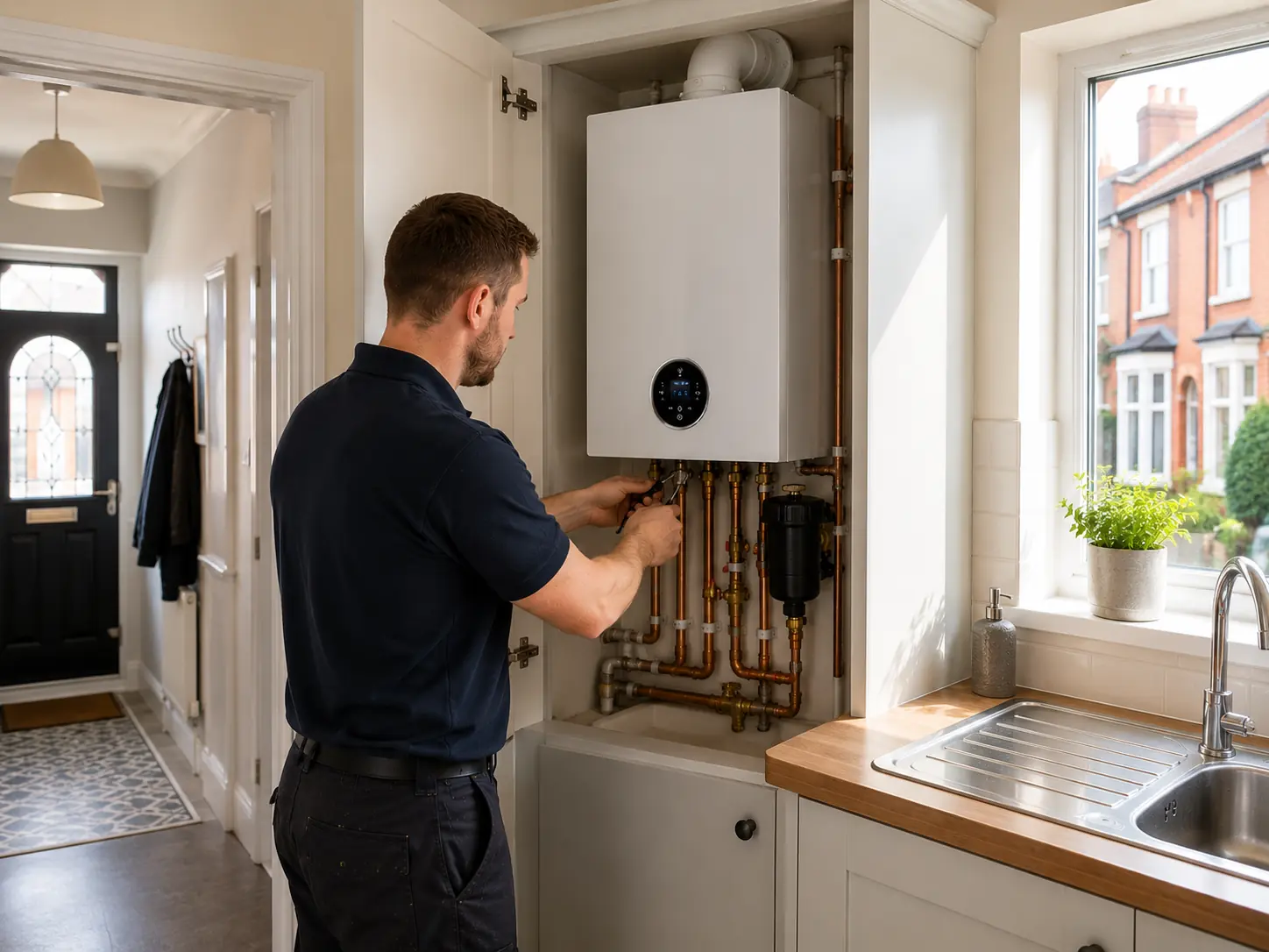 Gas engineer adjusting a boiler beside a kitchen sink