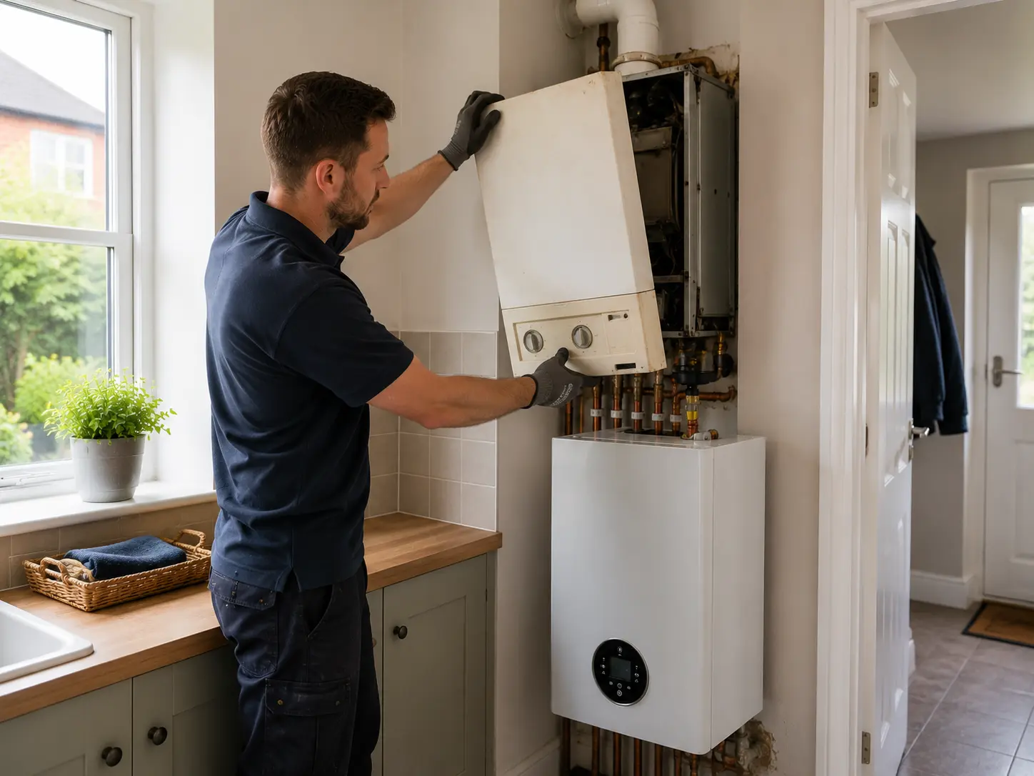 Gas engineer fitting a boiler above a hot water cylinder