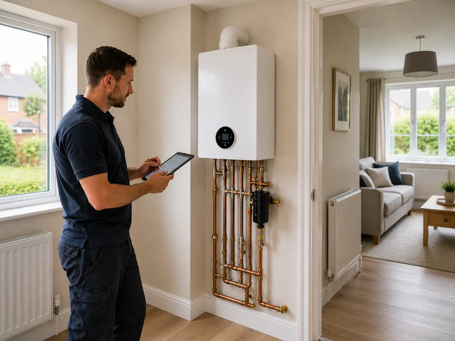 Gas engineer checking boiler details on a tablet in a kitchen