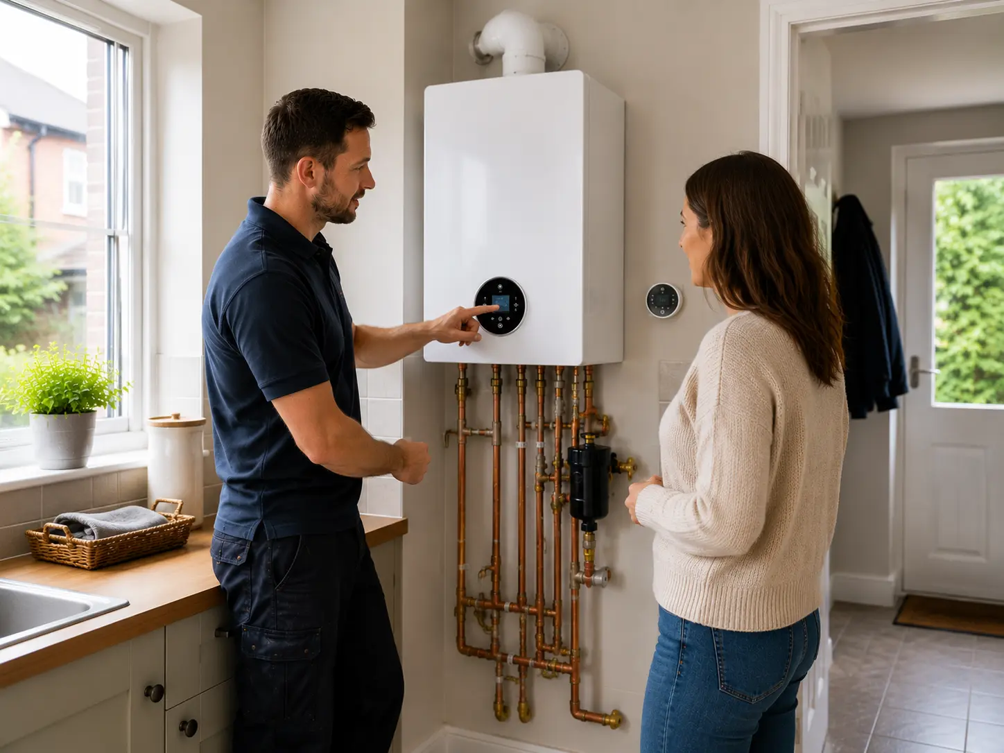 Gas engineer showing a newly fitted boiler to a customer