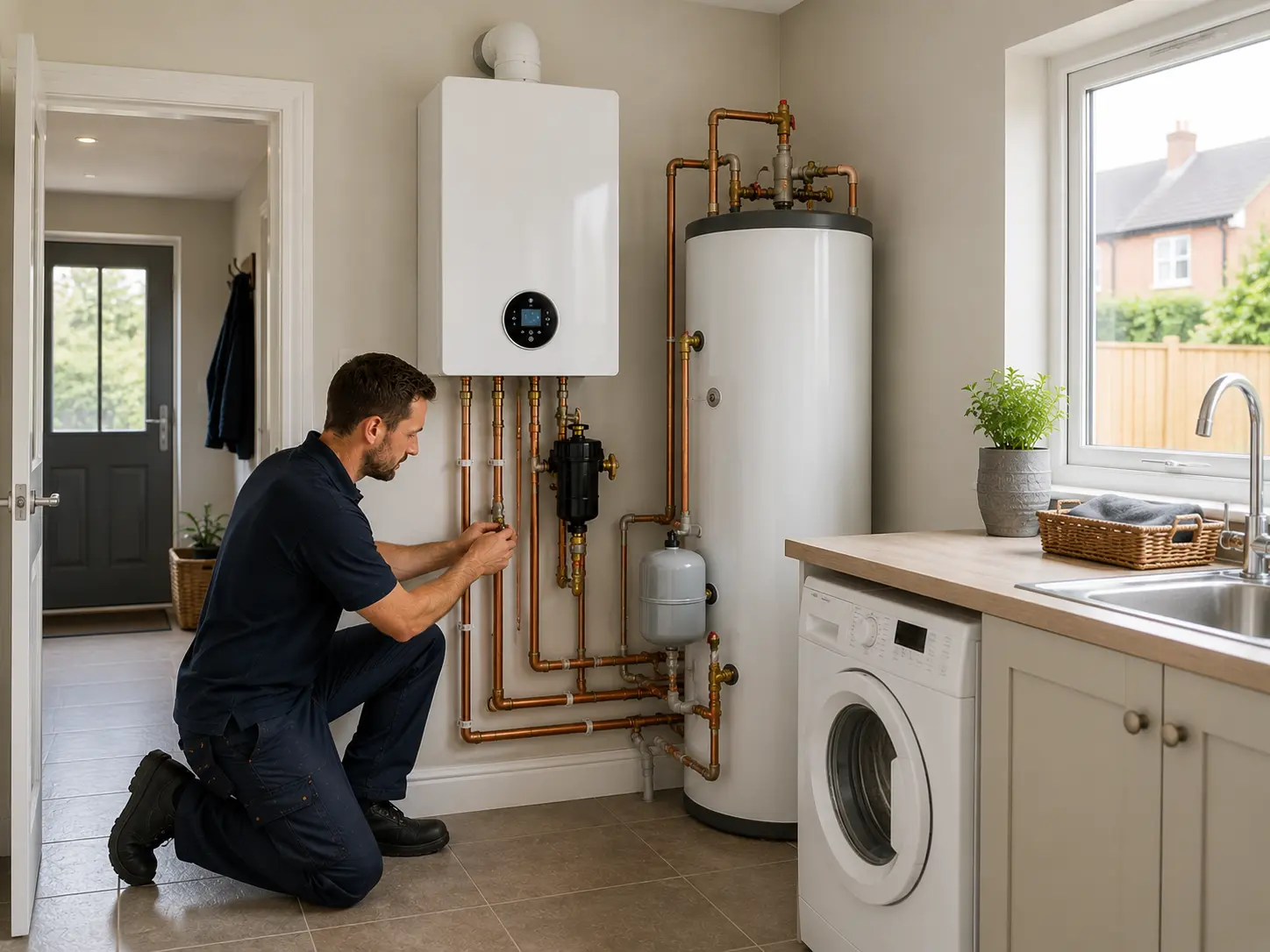 Gas engineer working on a boiler beside a hot water cylinder