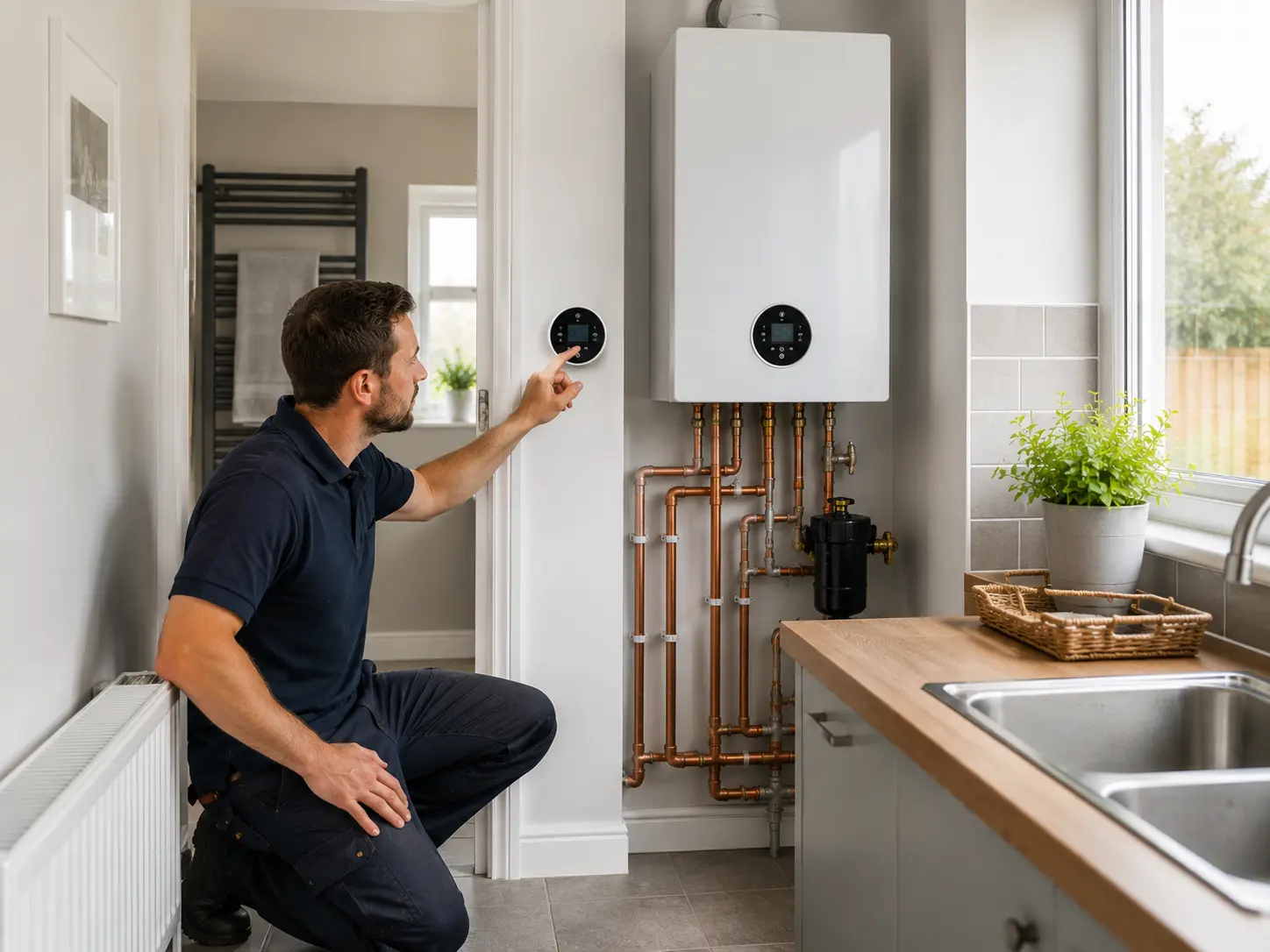 Gas engineer adjusting a boiler above a radiator