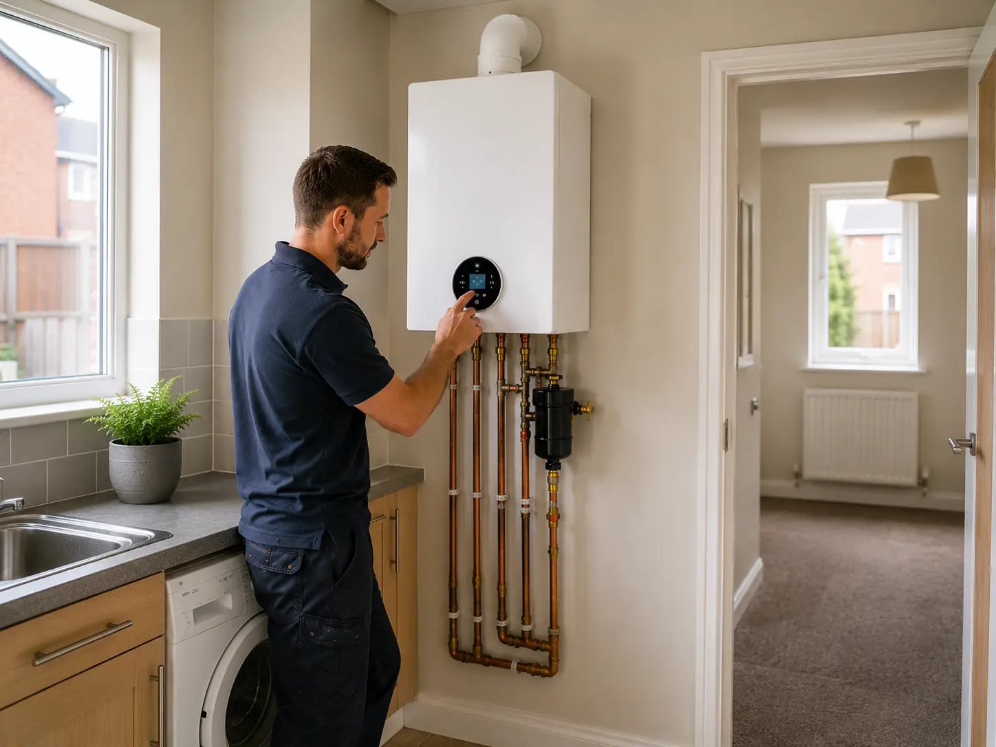 Gas engineer adjusting the controls on a kitchen boiler