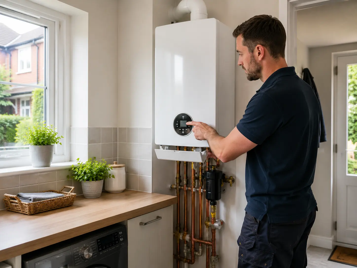 Gas engineer working on an open boiler in a kitchen