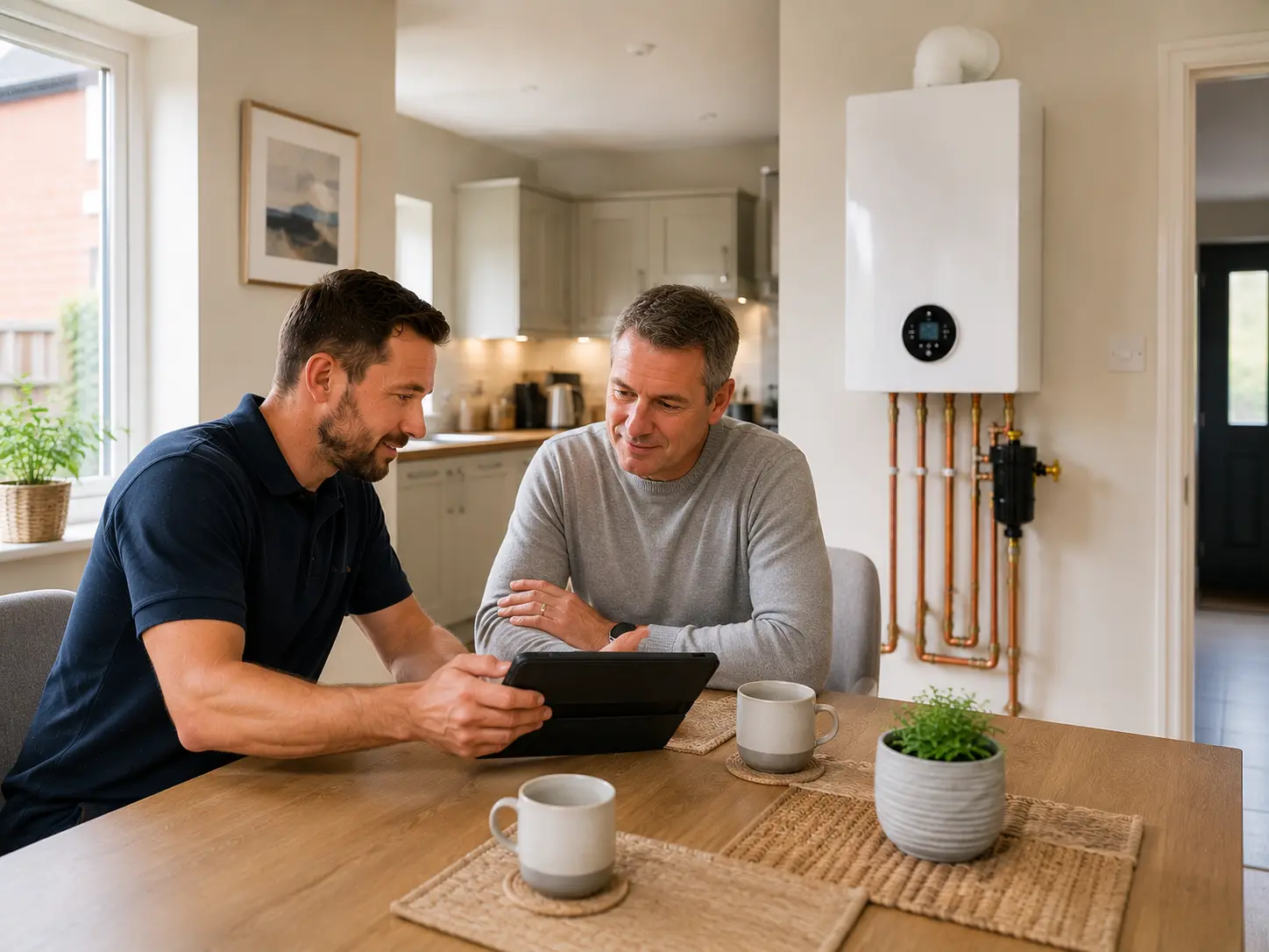Gas engineer going through boiler options with a customer