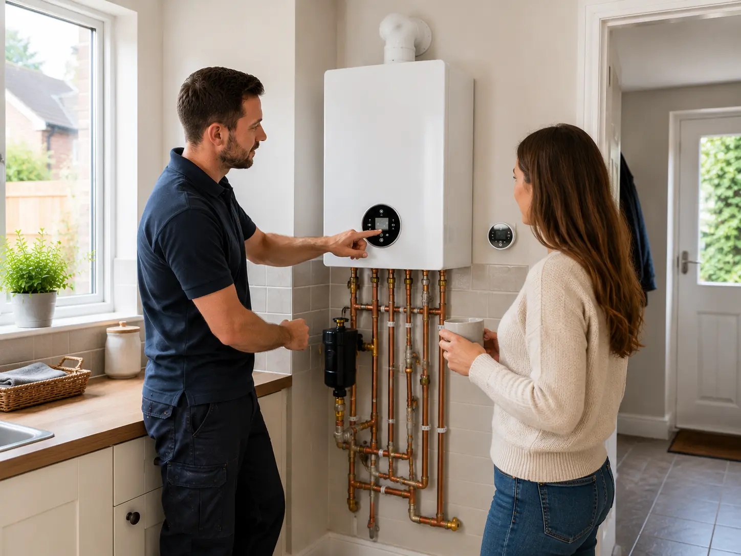 Gas engineer explaining a boiler to a customer in a kitchen