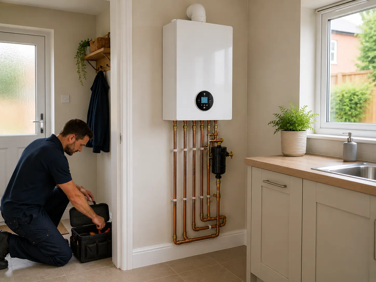Gas engineer kneeling to work on boiler pipework
