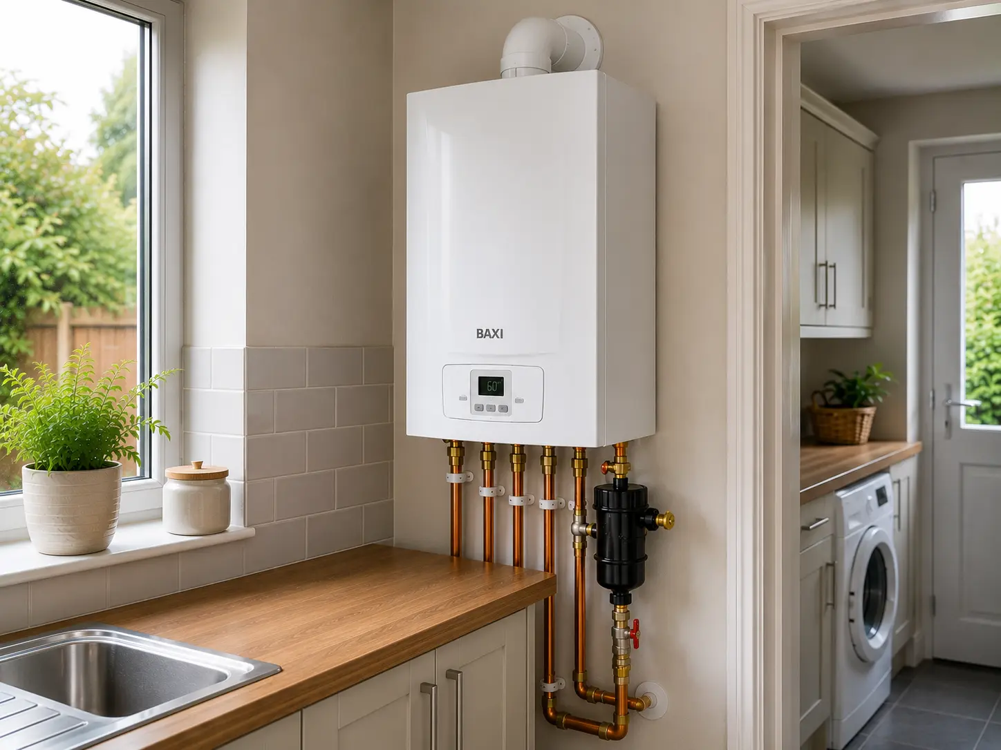 Wall-mounted boiler above a kitchen worktop and washing machine