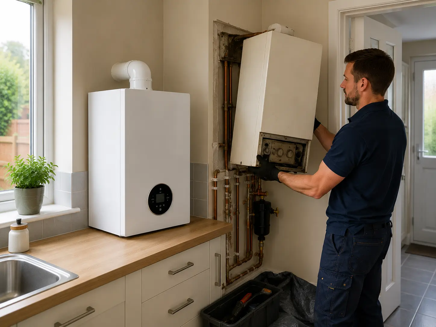Gas engineer working on an open boiler in a kitchen