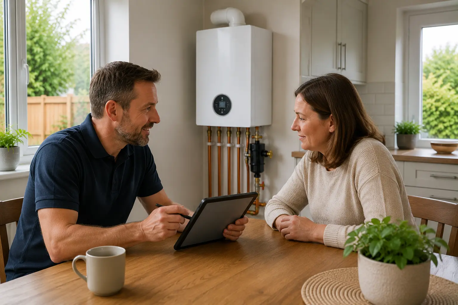 Gas engineer showing boiler options on a tablet to a customer
