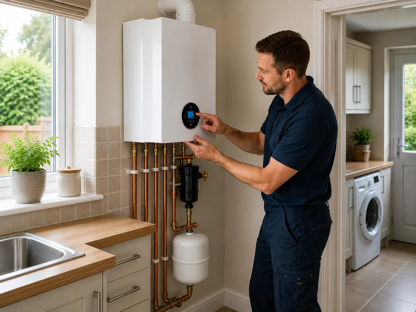 Gas engineer adjusting a boiler above a kitchen worktop