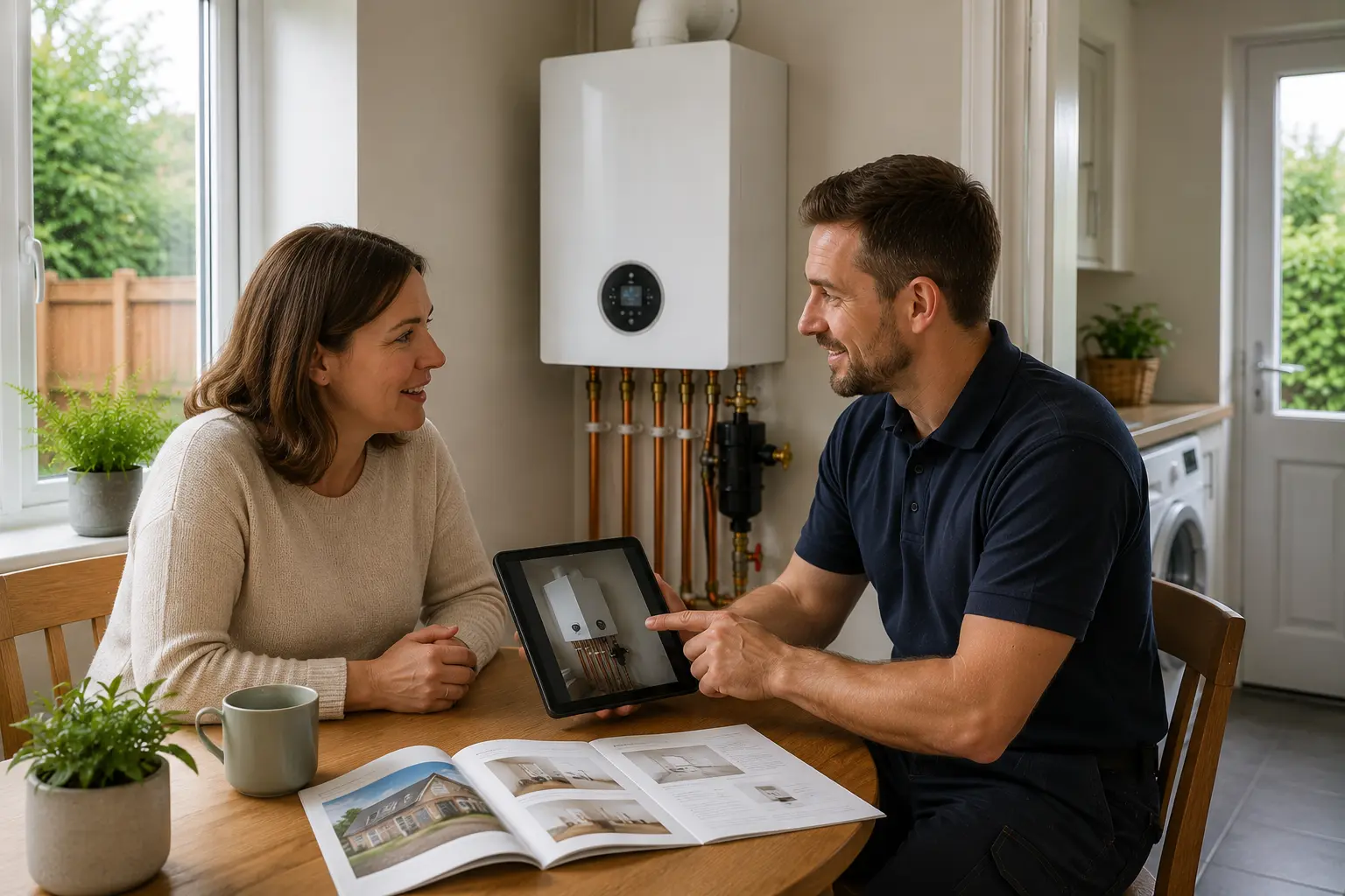 Gas engineer showing boiler information to a customer