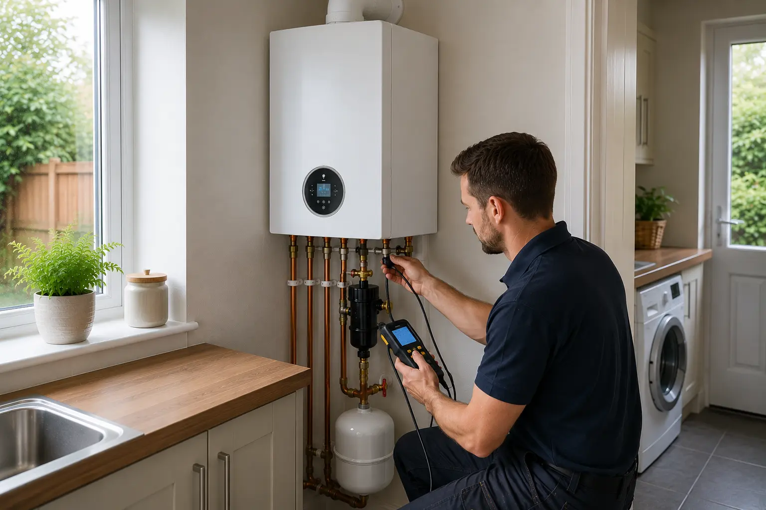 Gas engineer testing a boiler with a handheld device