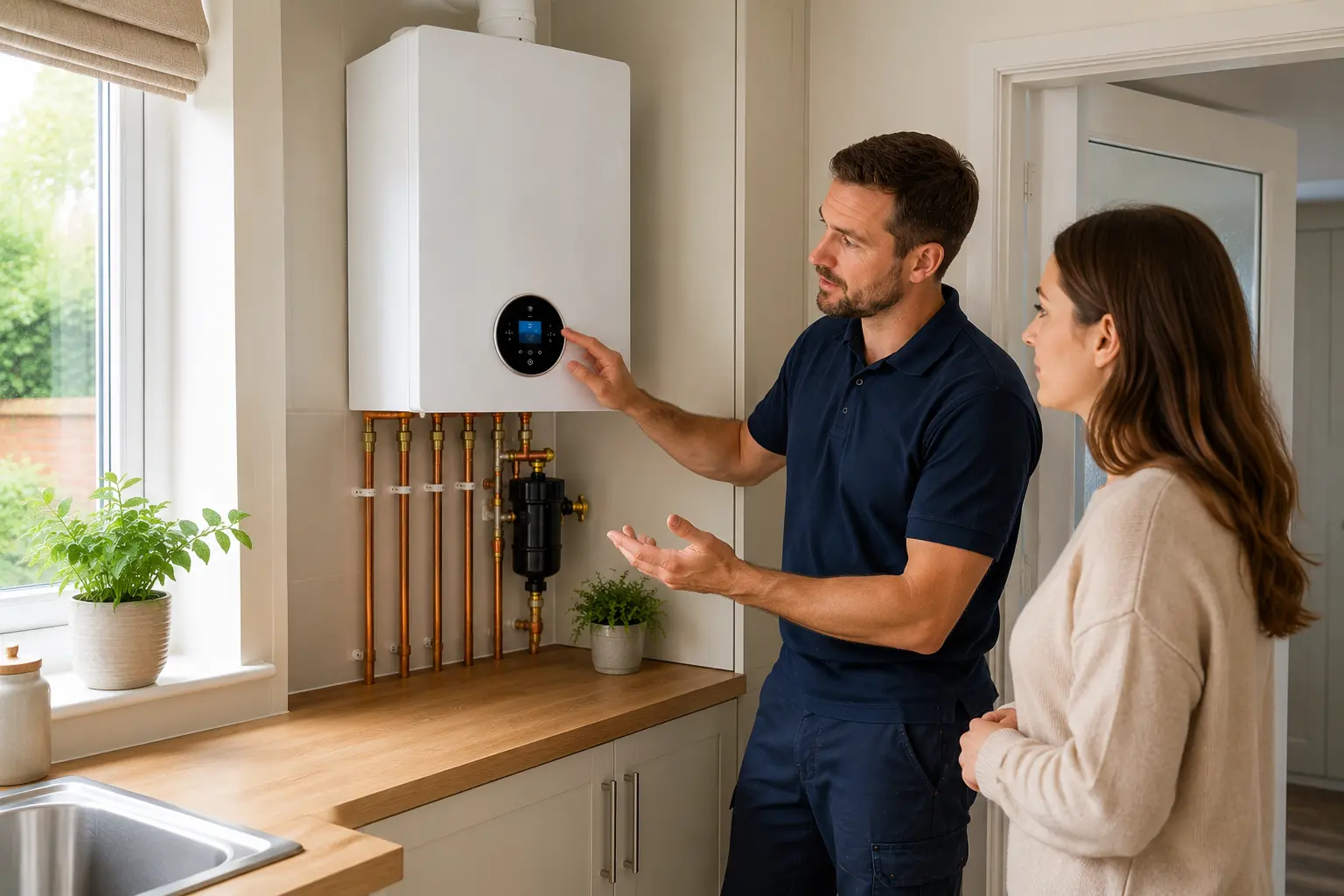 Gas engineer explaining a newly fitted boiler to a customer