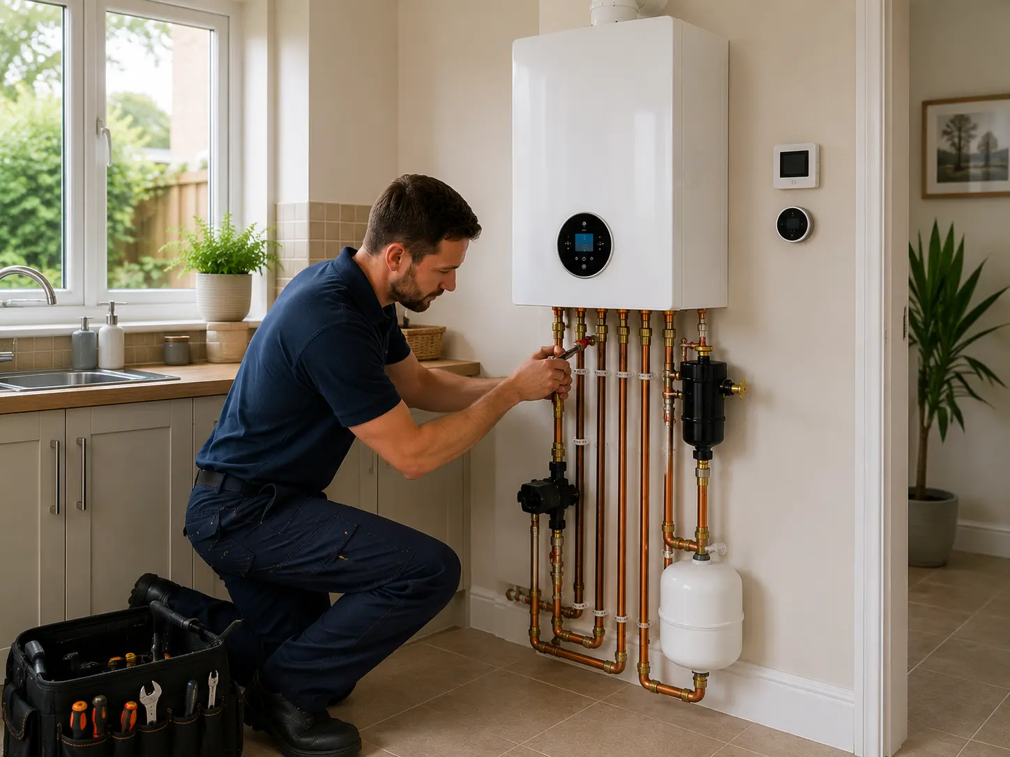 Gas engineer working on boiler pipework beside a tool bag