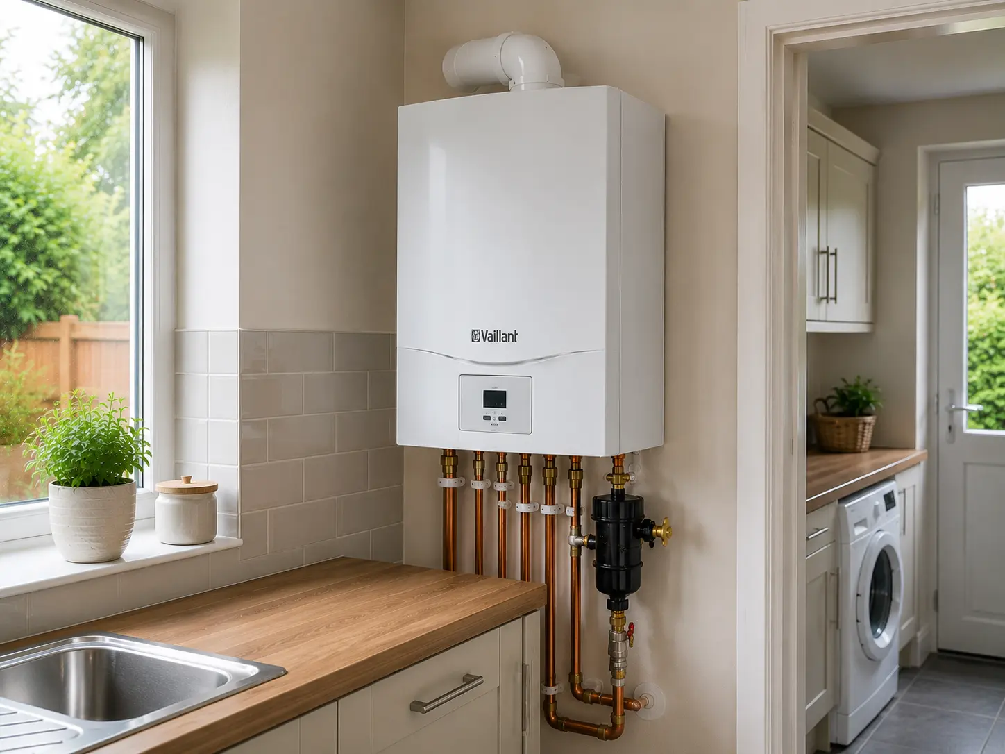 Wall-mounted boiler fitted above a kitchen worktop with copper pipework