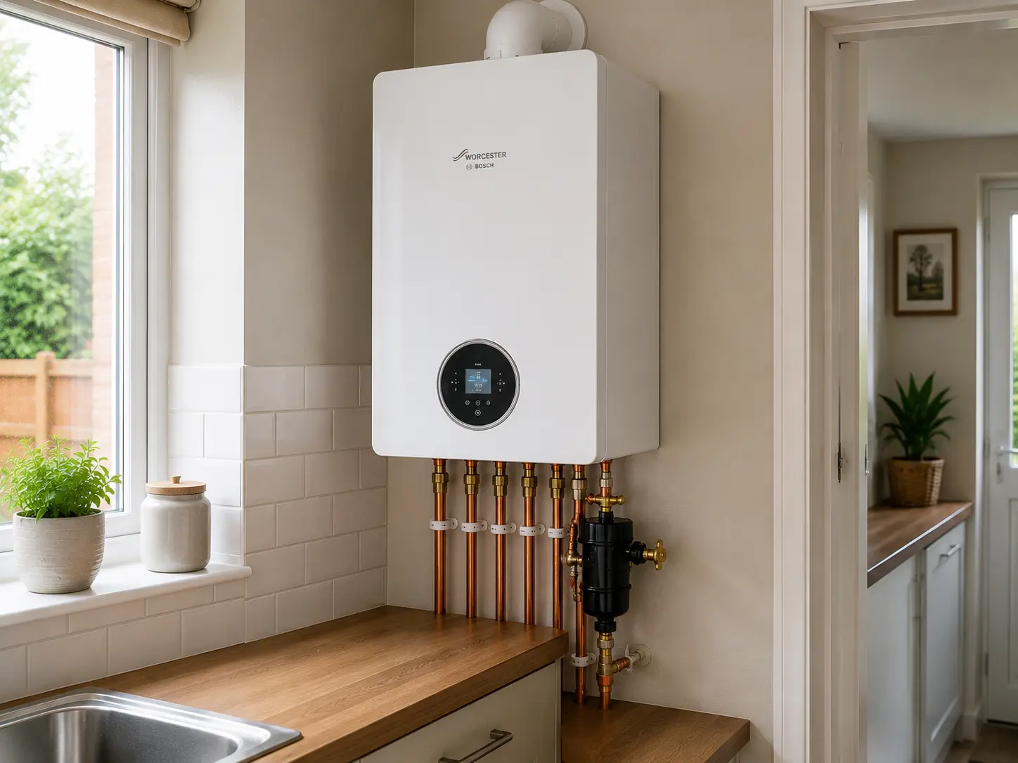 Wall-mounted boiler fitted in a kitchen with copper pipework