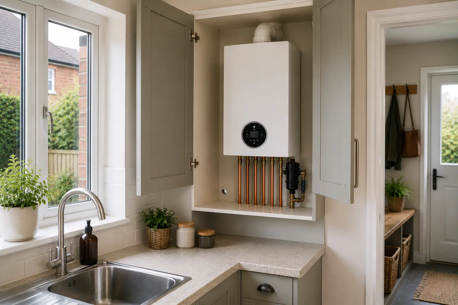 Wall-mounted boiler in a kitchen beside a sink and window