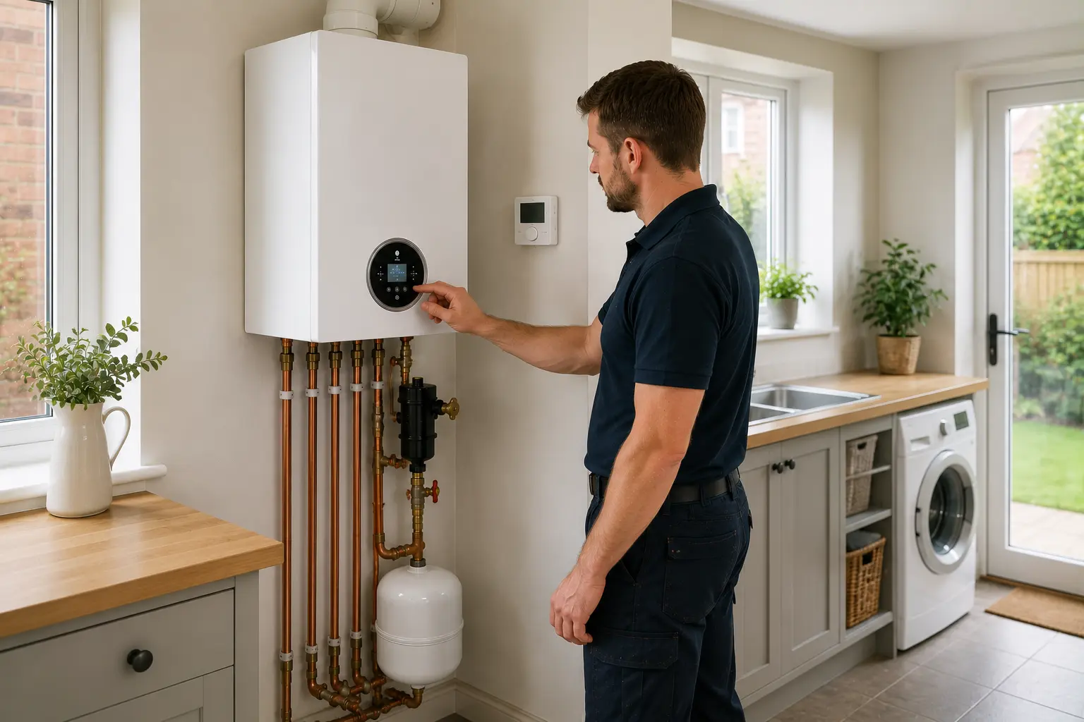 Gas engineer adjusting a boiler above a kitchen worktop
