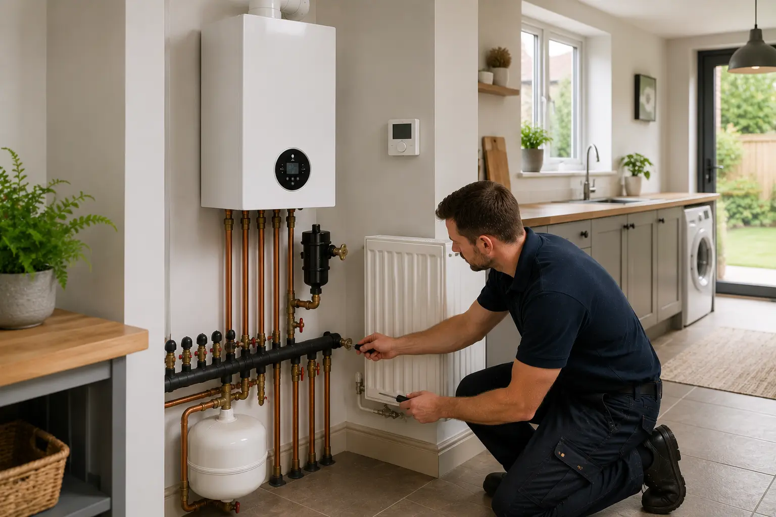 Gas engineer fitting a radiator below a wall-mounted boiler