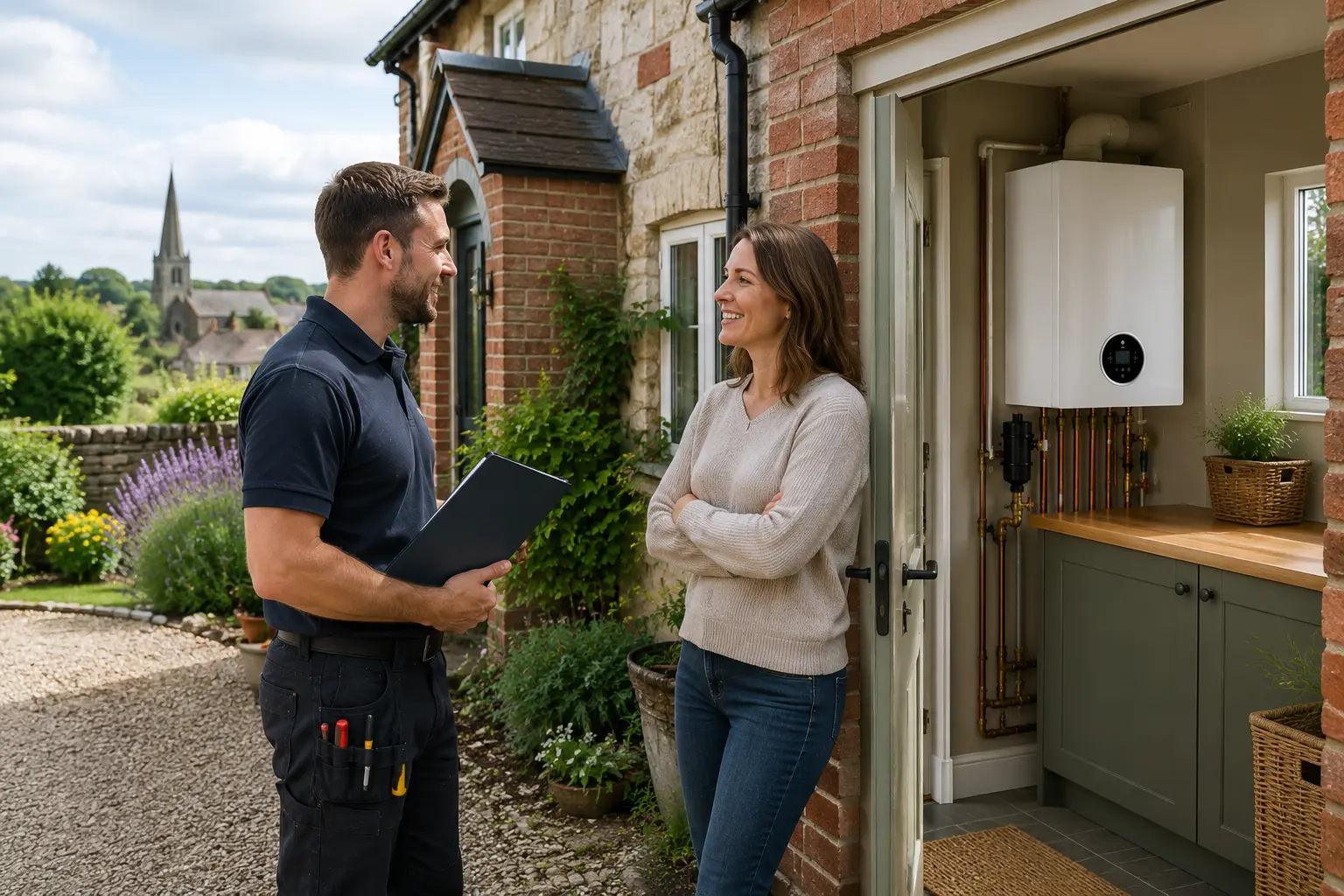 Gas engineer talking to a customer outside a house