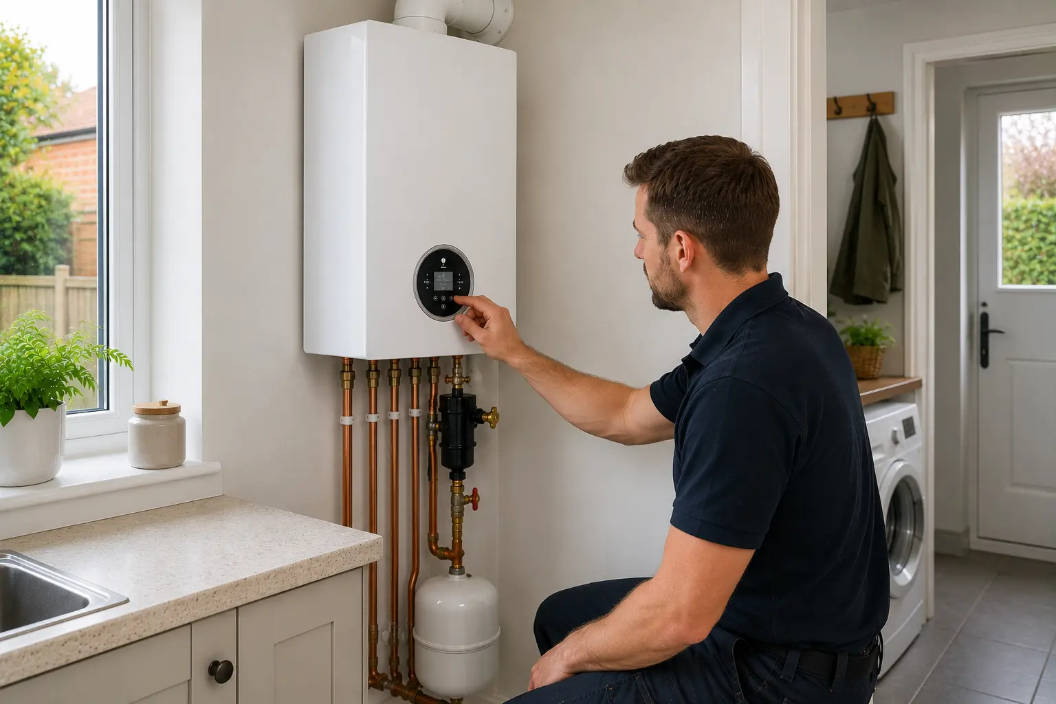 Gas engineer adjusting a wall-mounted boiler in a kitchen