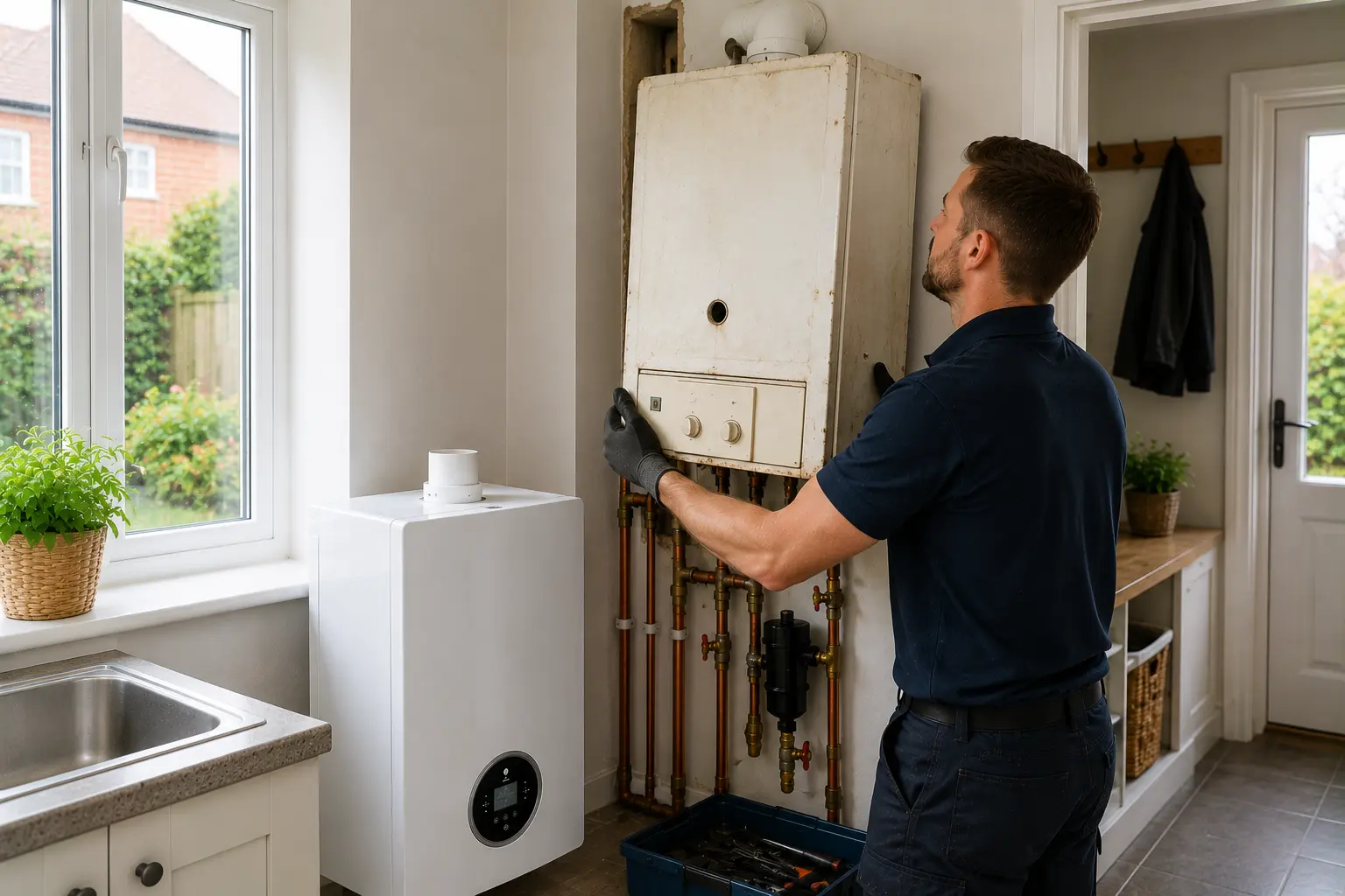 Gas engineer working on an open boiler in a kitchen