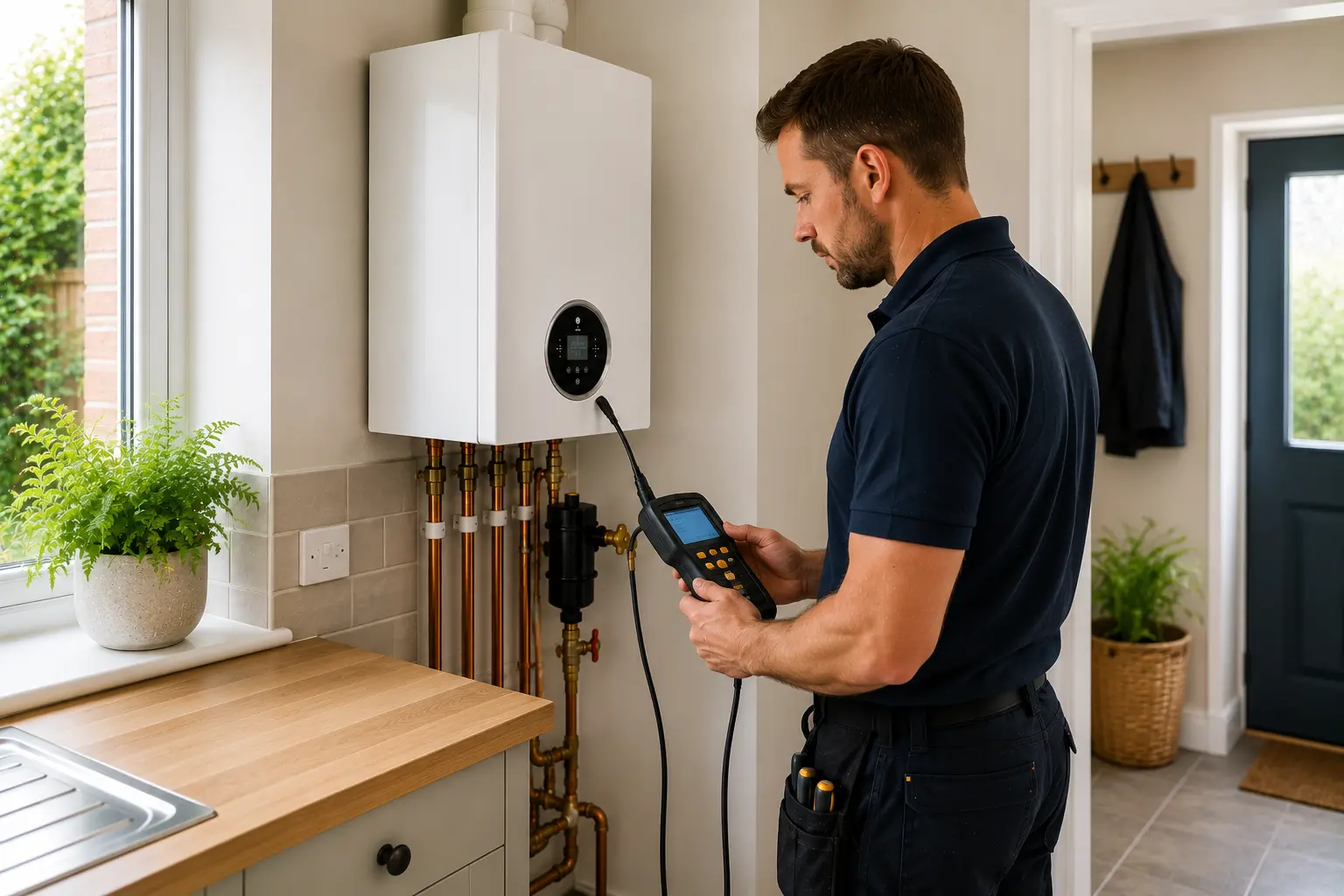 Gas engineer testing a boiler with a handheld analyser