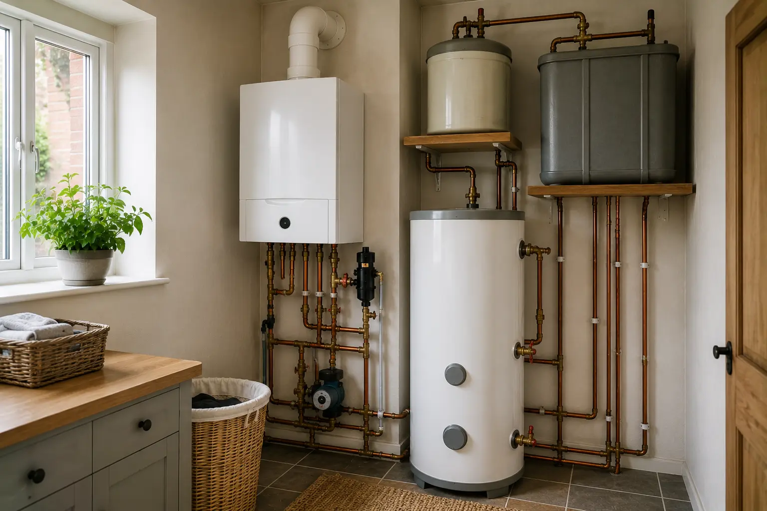 Boiler and hot water cylinder with copper pipework in a utility room