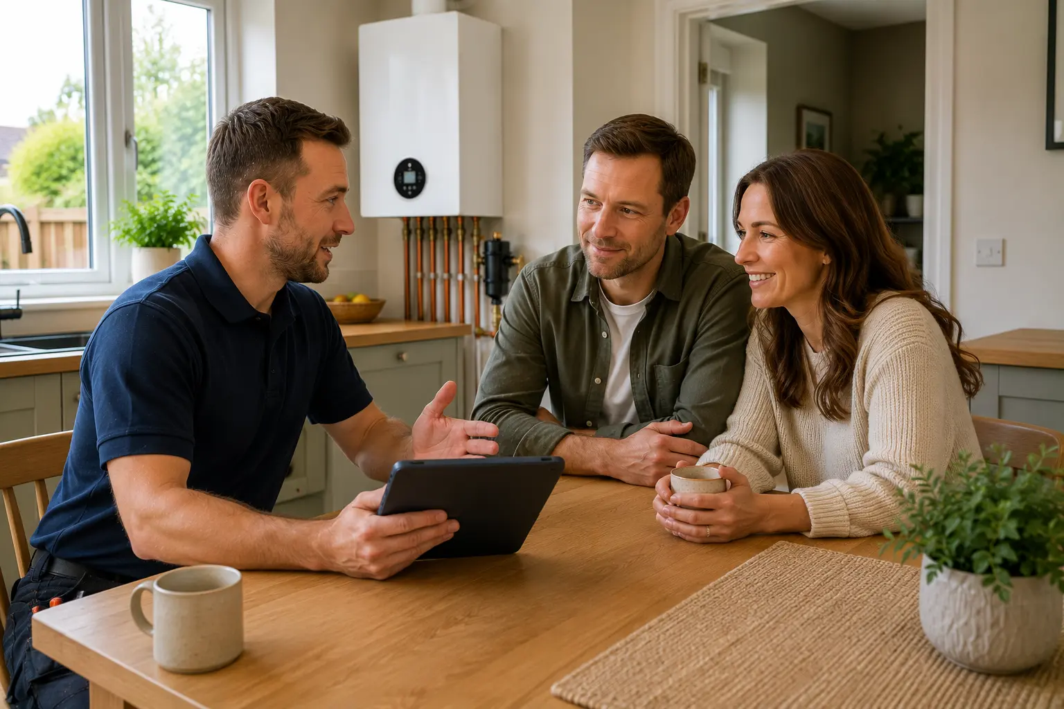 Gas engineer going through boiler options with two customers