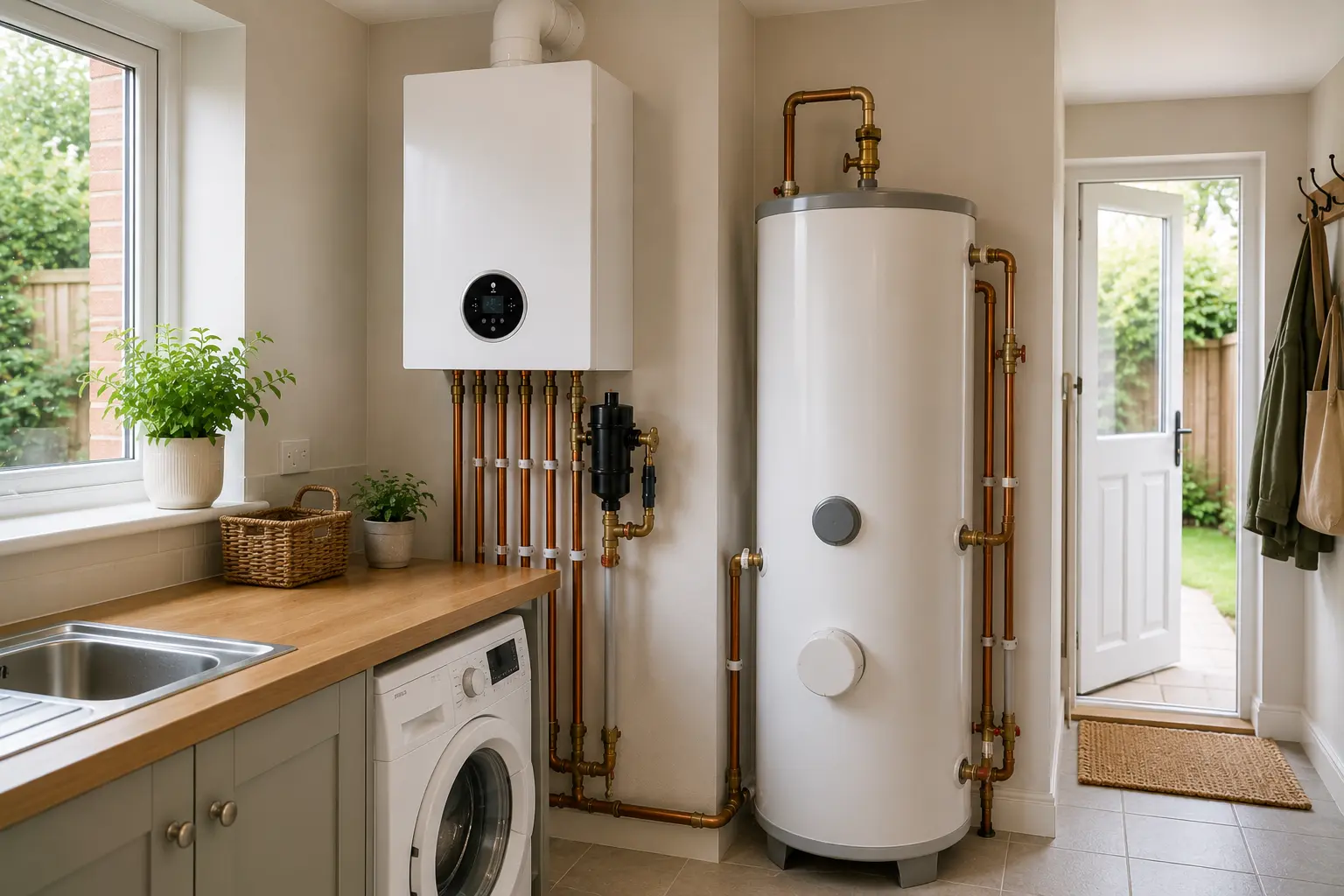 Boiler and hot water cylinder fitted in a utility room