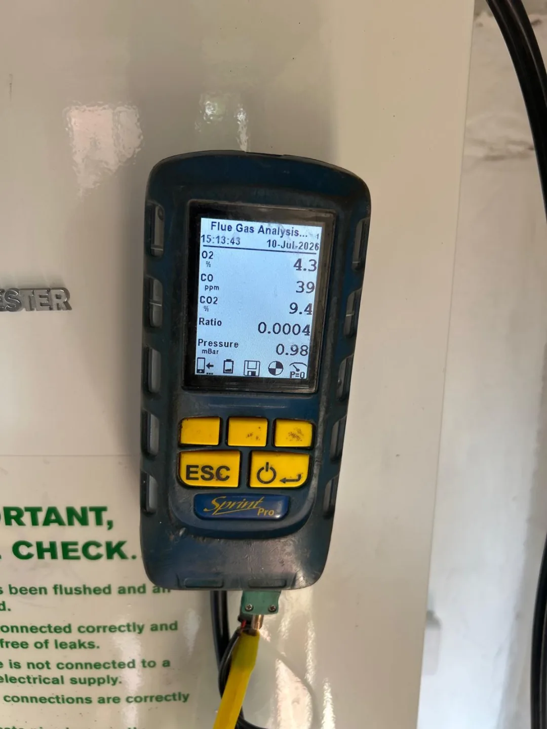 Flue gas analyser screen showing the combustion readings taken during a boiler service